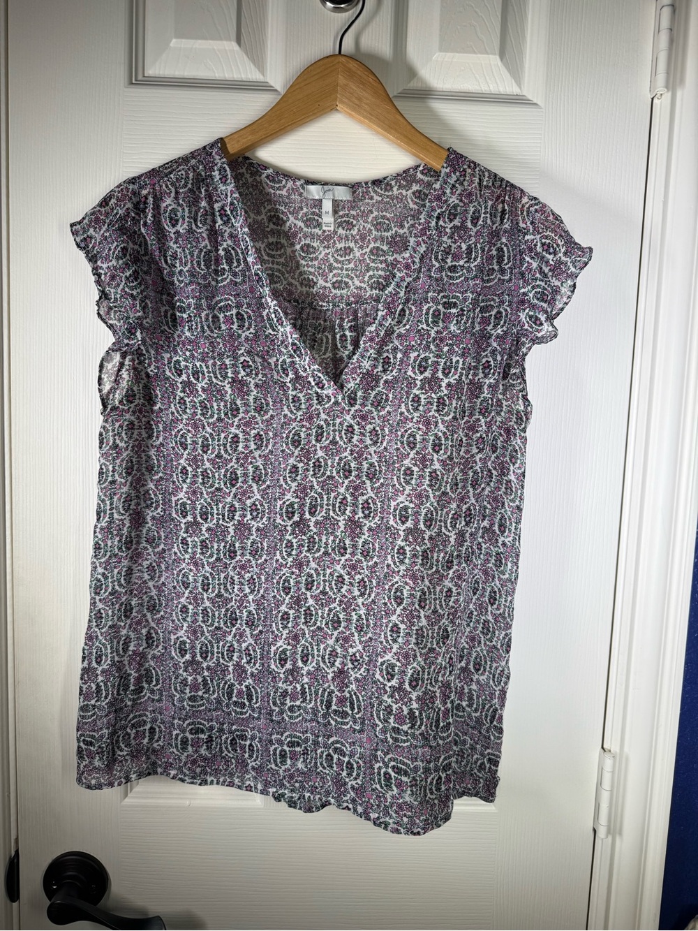 Joie Sz M Women’s Silk Printed V-Neck Flutter Sleeve Top - Floral